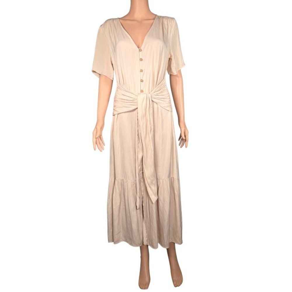 Love Whit Whitney Port Beige Button Front Tie Waist Maxi Dress Women Large L